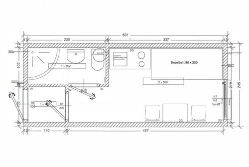 Grundriss des Wohncontainers W1 inklusive Bad und Küchenzeile