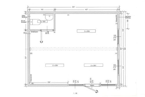 Grundriss des Verkaufscontainers VP6 mit 29,4 m² und Bad