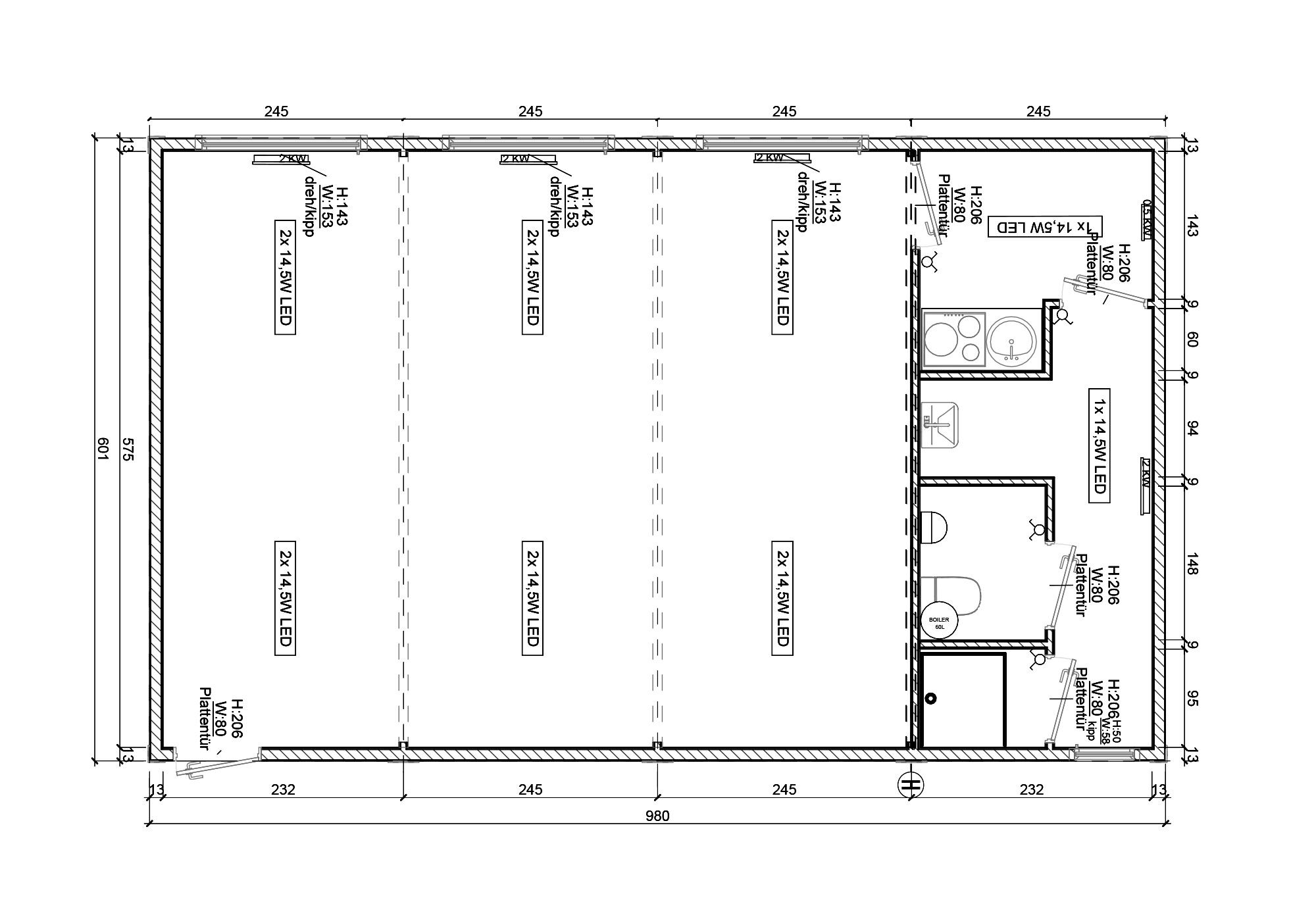Skizzenzeichnung Doppel-Bürocontainer DB2.4 (58,8 m²) von Conliving.