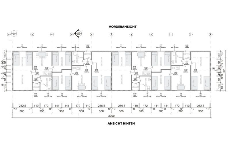 Grundriss-Skizze eines riesigen Wohncontainers W8 mit 173 m² Wohnfläche.