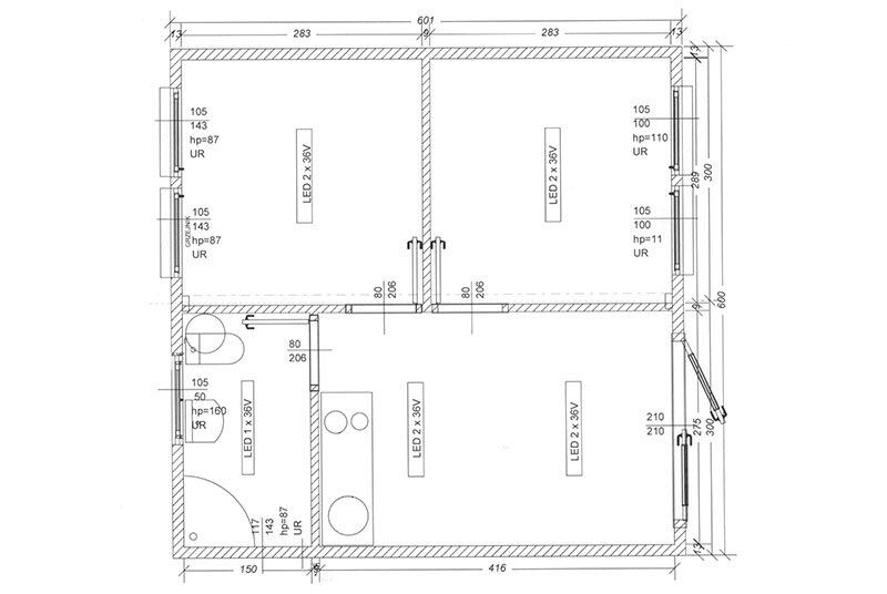 Grundriss-Skizze des Doppel-Bürocontainers DB2.1 (29,4M²) der Firma Conliving.