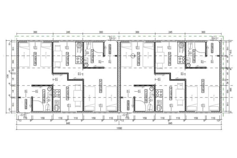 Skizze des Wohncontainers W7-2 mit insgesamt 101,5 m²