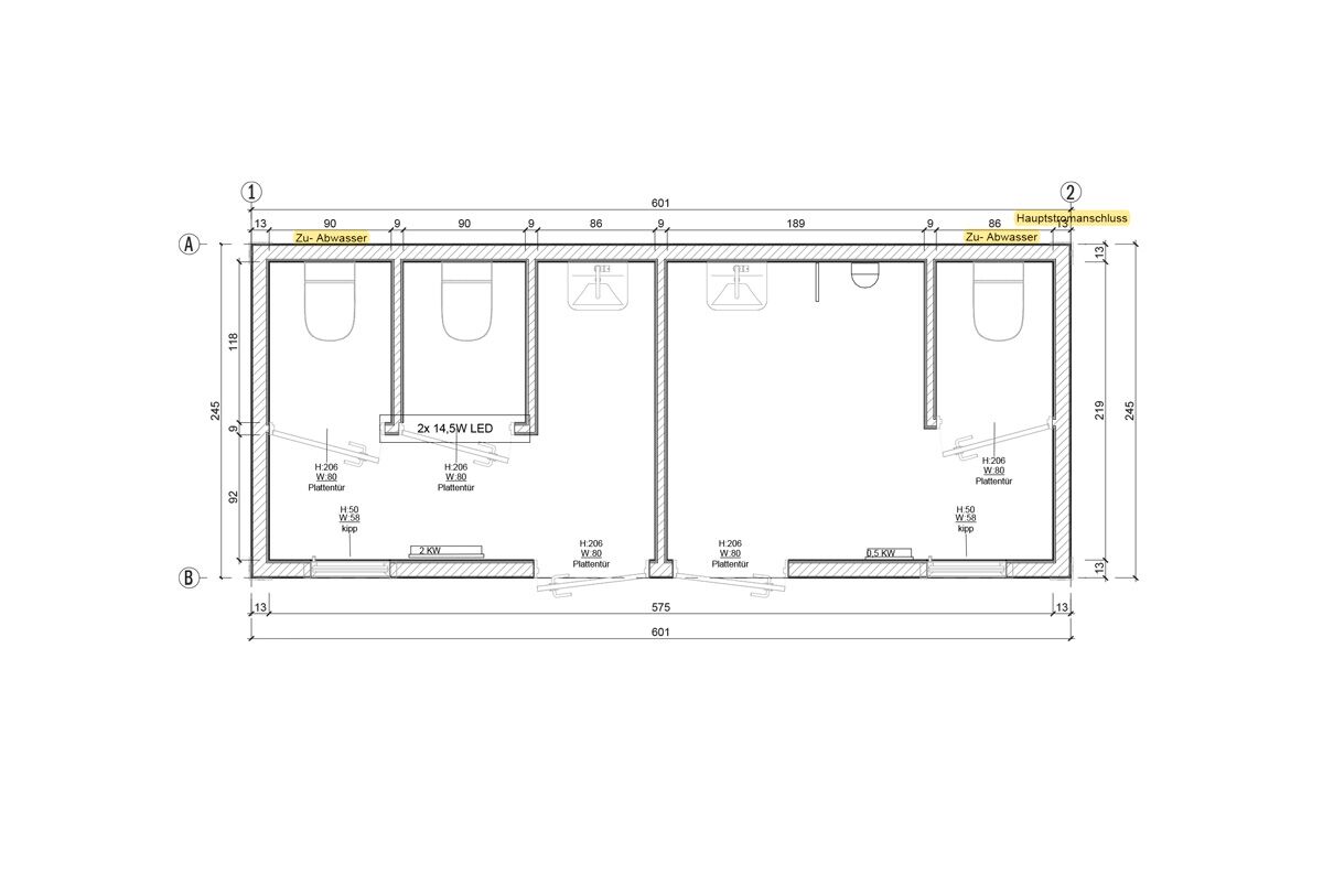 Grundriss-Skizze Sanitärcontainer SC8 mit Aufteilung in 2 Räumen für Damen- und Herrentoilette.